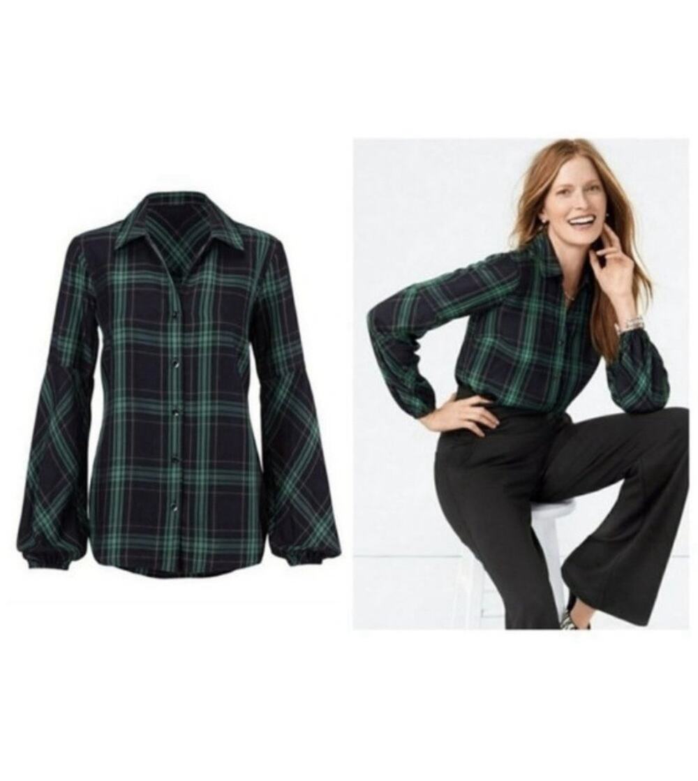 CAbi Medium Big Sur Green Blue Plaid Flannel Long Sleeve Blouse Style #3769